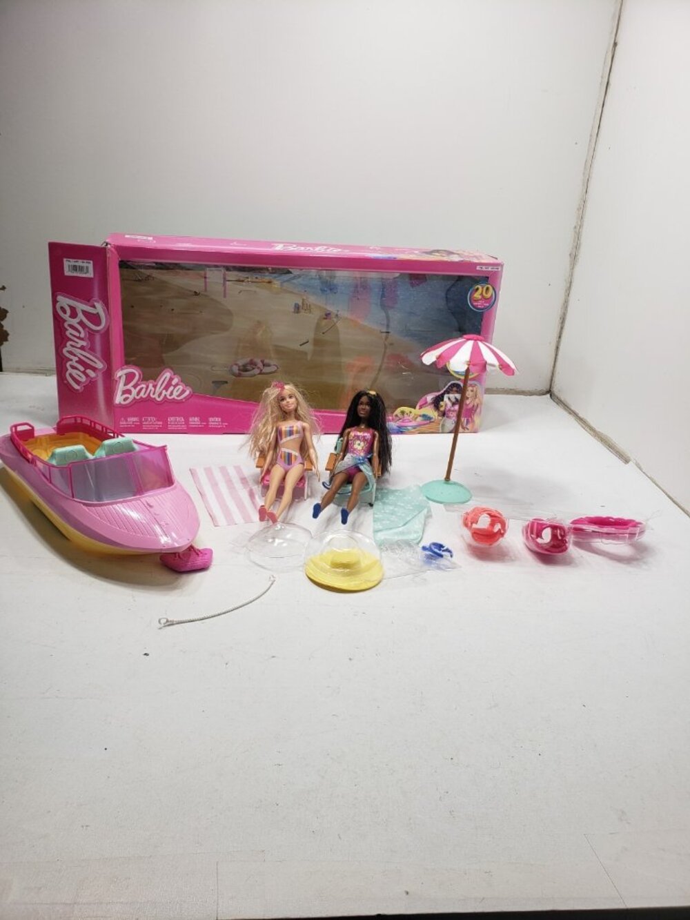 Barbie Beach Boat Playset 2 Dolls Chairs Umbrella Accessories w/ Box Incomplete